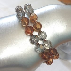 Vintage MARVELLA 2- Strand Deep Amber, grey faceted Crystal glass Beads BRACELET